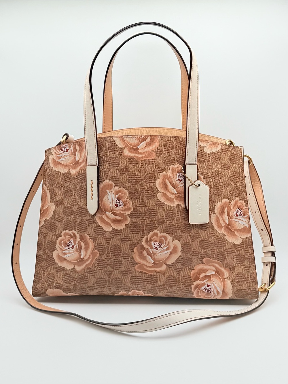 Coach Signature Canvas Rose Print Charlie Carryall Tote Bag
